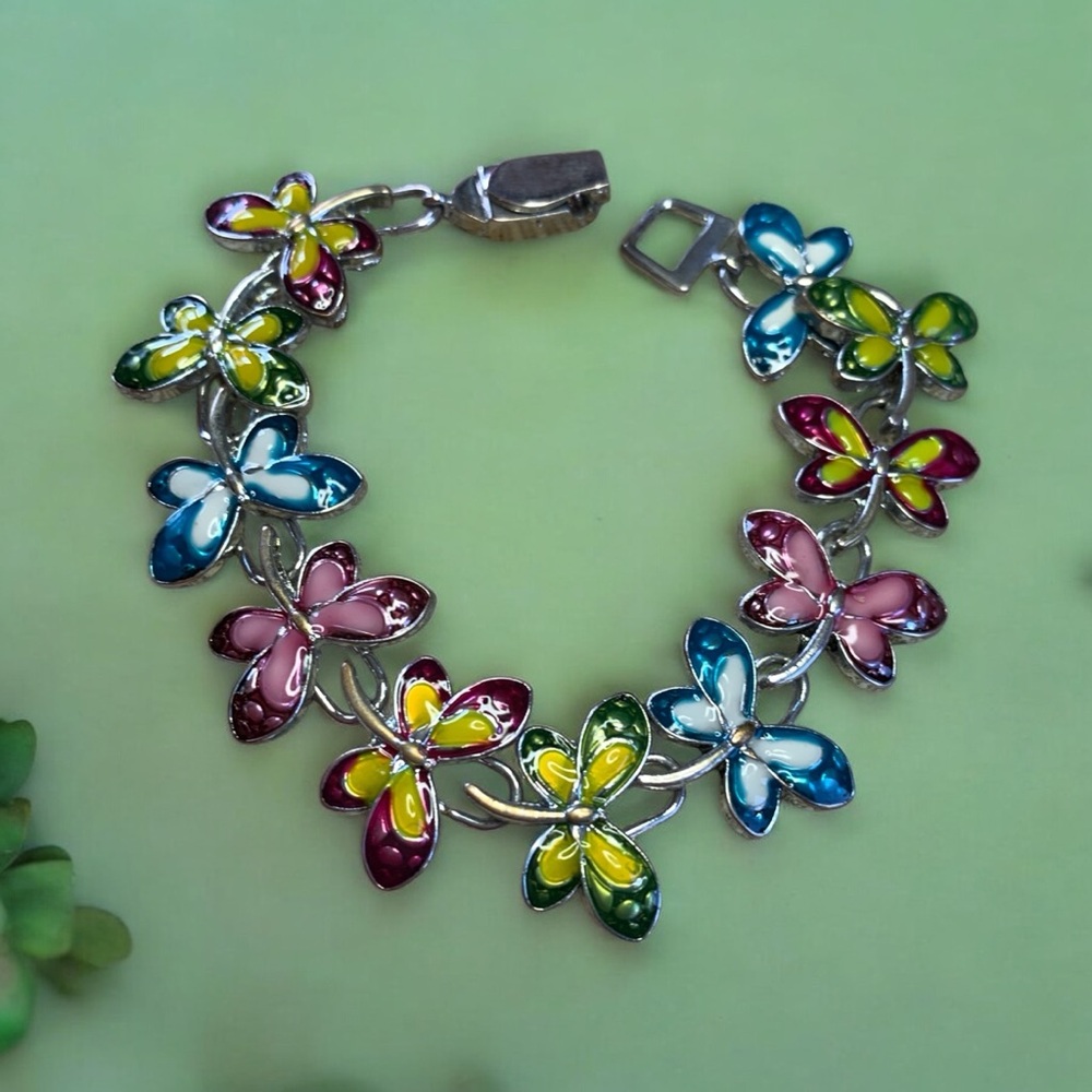 Colorful Enamel Butterfly Bracelet, silver plated with easy magnetic closure